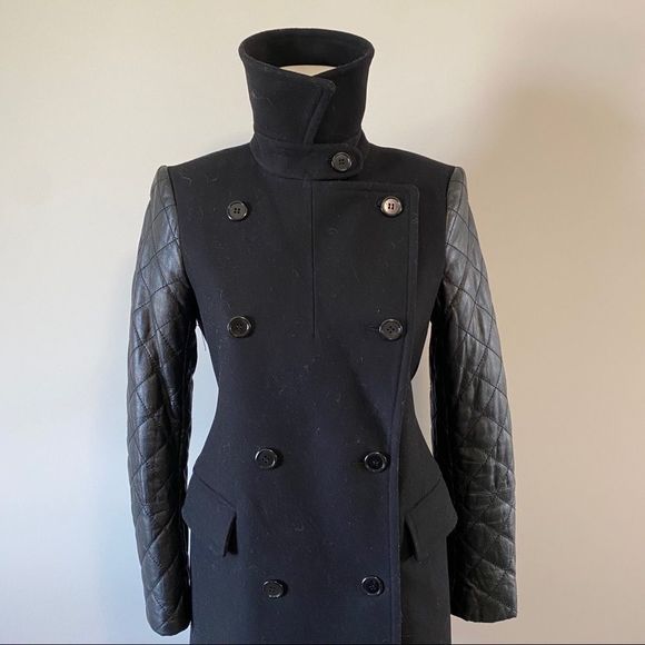 Club Monaco Carolina  Wool Pea Coat Leather Sleeves - Picture 8 of 16